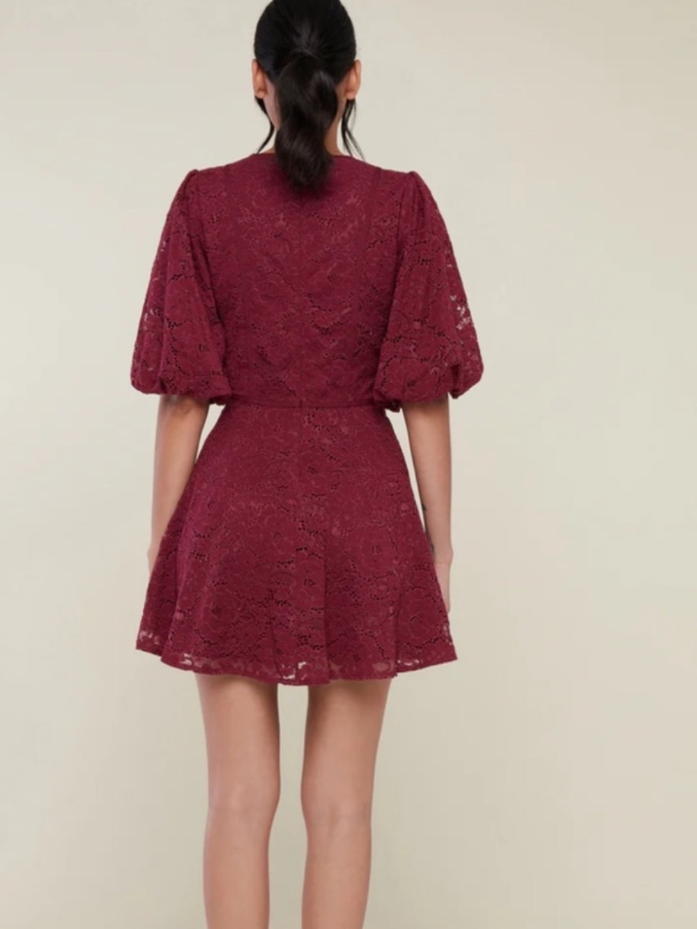 Rachel Parcell Burgundy Lace V-Neck Puff Sleeve Mini Dress - Picture 2 of 4